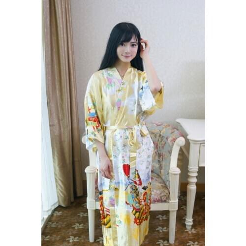Long Style full-sleeve Sexy womens Summer Bathrobes Free Shipping Floral Printed Yellow Robe Femme Kimono Style European Hot