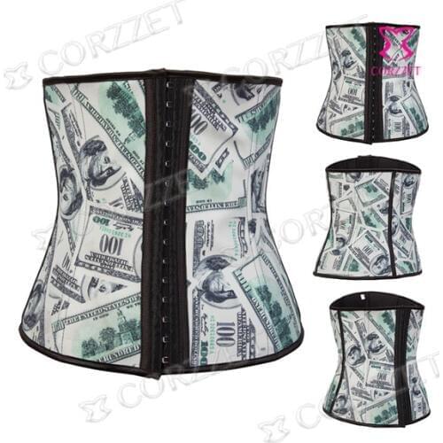 Money Print White Rubber Latex Plus Size Waist Trainer Corset Underbust Corselet Steel Boned Gothic Corsets And Bustiers S-XXL