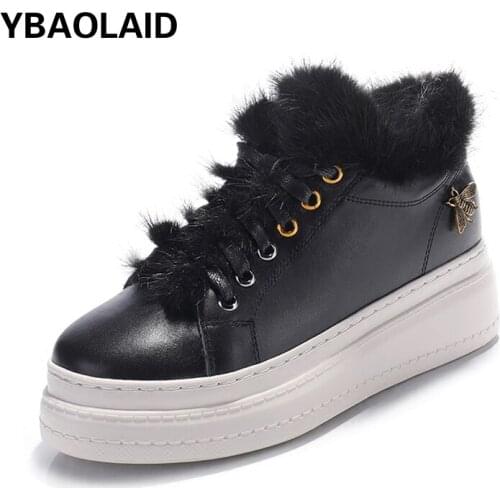 Thick-soled White Shoes Winter New Lace-up Mink Wool Sponge Cake Bottom Bee Cotton Shoes Non-slip Shoes Plus Fluffy Shoes