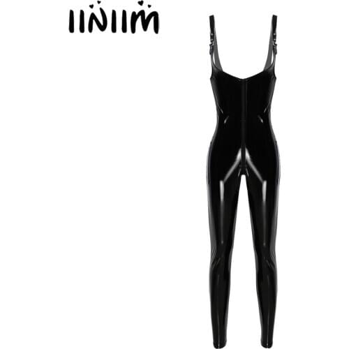 Womens Female Fashion Pole Dance Exotic Teddies Costumes Shiny Metallic Patent Leather Latex Front Zippered Bodysuit Clubwear