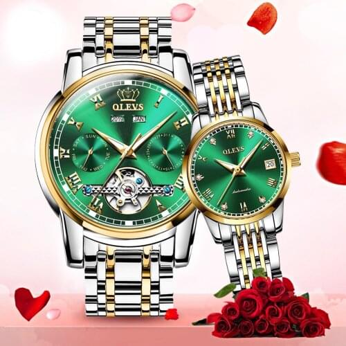 OLEVS Luxury Men Women Automatic Mechanical Pair Watch Stianless Steel Sports Waterproof Wristwatch Valentines Day Gifts 6602