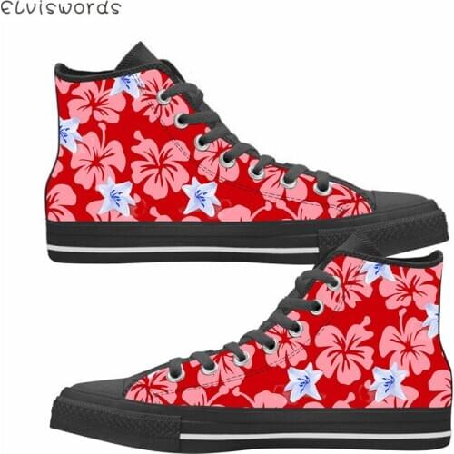 ELVISWORDS Vulcanized Shoes Hawaiian Frangipani Hibiscus Floral Pattern Ladies High Top Canvas Shoes Girls Student Comfort Flats