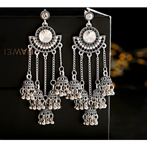Ethnic Sector Silver Color Long Tassel Bell Dangle Earrings For Women Handmade Rhinestone Gypsy Tribe Indian Earrings