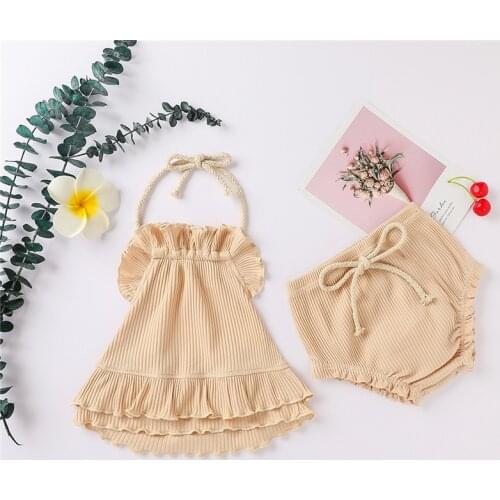 Baby Girls Summer Clothing Sets Newborn Solid Ribbed Knitted Halter Backless Ruffles Tops Dress+PP Shorts Holiday Beach Outfits