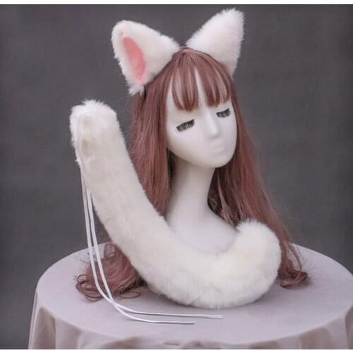 Japanese Anime Halloween Cosplay Costume Set Solid Color Faux Fur Kitten Wolf Ears Headband with Plush Animal Long Tail