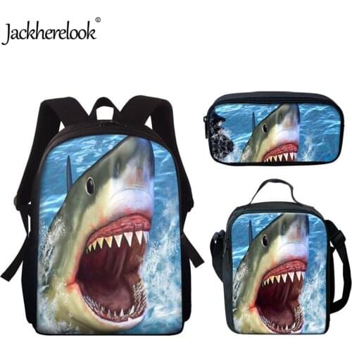 Jackherelook Great White Shark Teeth 3D Animal Print Kids 15 inch School Bags 3Set for Teenager Boys Girls Students Backpacks
