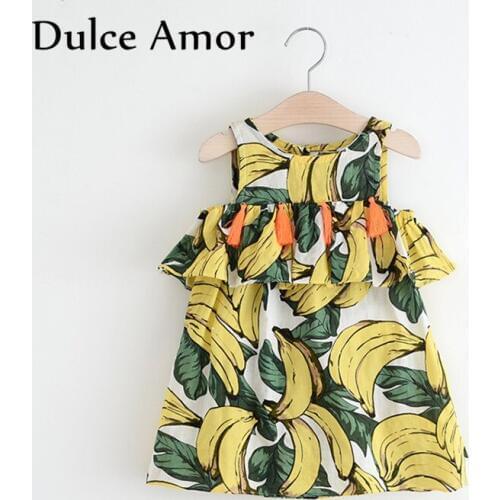 Dulce Amor Girls Dress Kids Clothes For Girls Print Bananas Sleeveless Sundress Strapless Ruffles Beach Dress Girls Clothing
