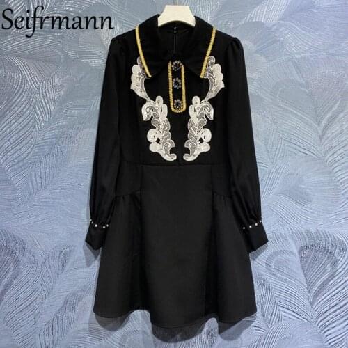 Seifrmann New 2021 Summer Women Fashion Designer Party Short Dress Lantern Sleeve Gorgeous Crystal Beading Blake Printed Dresses