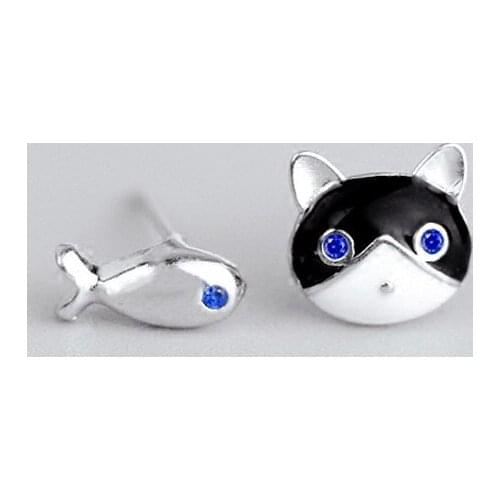 New 925 Sterling Silver Asymmetry Cat Fish Stud Earrings For Women Boucles d'oreilles Wedding Jewelry Girl Gifts eh079