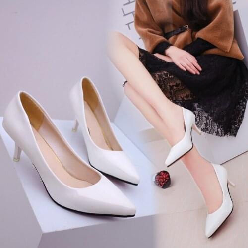 Solid Thin High Heels Female Pumps Shoes Shallow Pointed Toe Concise Slip-On PU Leather Office 6.5cm High Heels Work Women Shoes