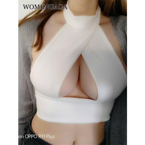 WOMENGAGA Summer Hot Sexy Big Bust Hollow Out Korean Women Short Tank Tops Elasticity Halter Backless Vest Boho Beach 03KQ