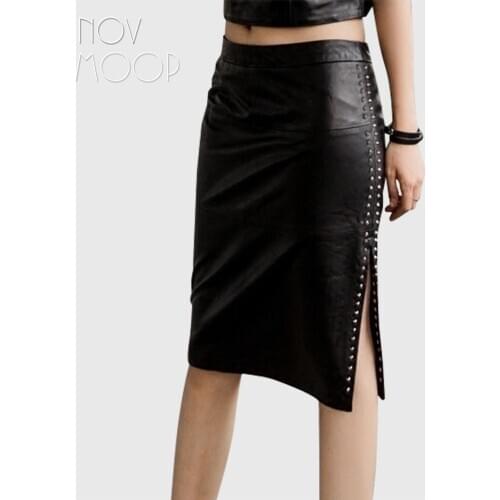 Novmoop high street fashion style women A-line black sheepskin genuine leather split skirt with rivet decor faldas saia LT3036