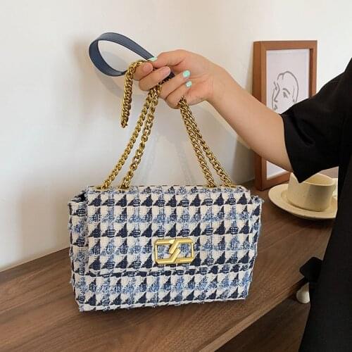 Luxury Women Shoulder Bag Black and White Woolen Plaid Flap Lock Crossbody Sling Bags Chains Shoulder ins style Handbags Female