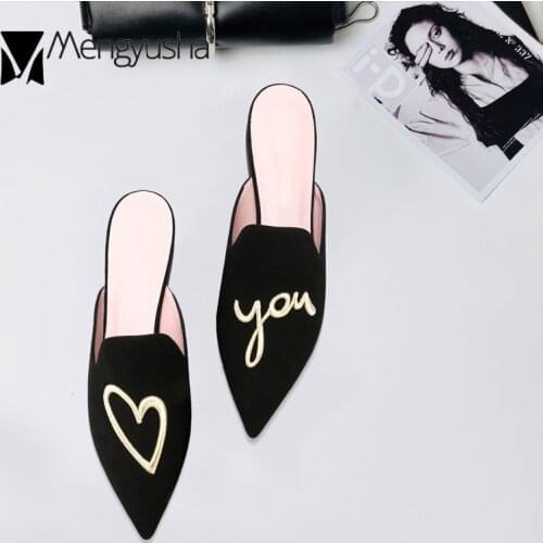 Famous designer pointed toe heart embroider sandals women quality flock/suede letter printing slippers flat mules femmes c663