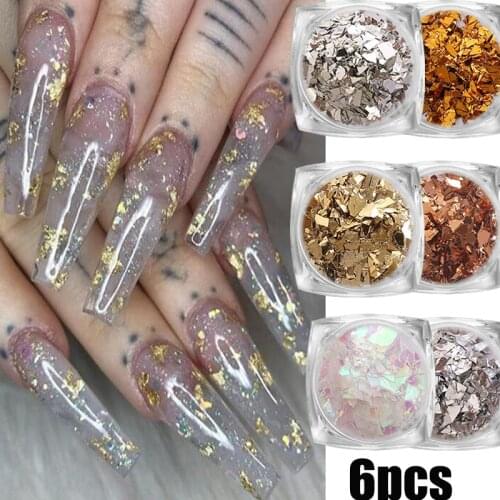 6 Color Gold Silver Nail Glitter Holographic Sequins Aluminum Irregular Mylar Foil Nail Sticker Candy Cellophane Nail Decoration