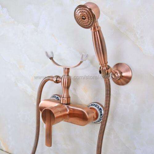 Antique Red Copper Bathroom Faucet Bath Faucet Mixer Tap Wall Mounted Hand Held Shower Head Kit Shower Faucet Sets Kna350