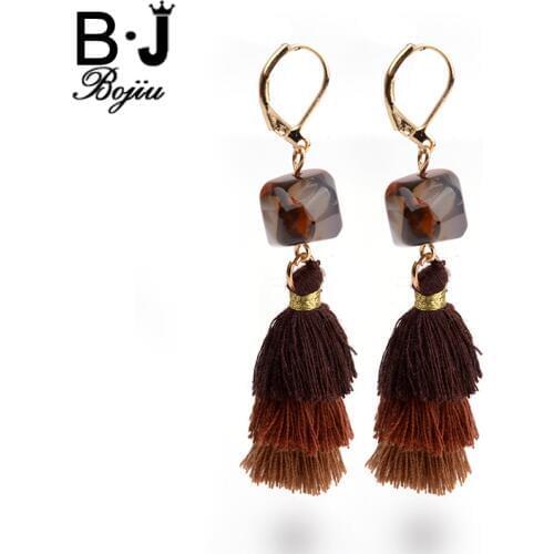 Bojiu Ethnic Tassel Drop Earrings Natural Stone Lady Dangle Earrings Copper Metal Festival Gift New Women Jewelry EA039