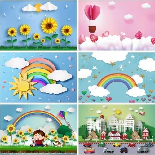 Laeacco Birthday Baby Shower Photo Backdrops Clouds Rainbow Sunflowers Balloons Sun Newborn Photography Backgrounds Photo Studio