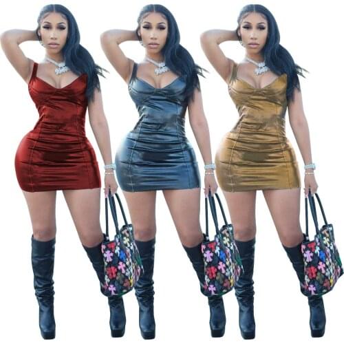 Echoine V-neck PU Leather Mini Dress Women Sexy Bodycon Skinny Sexy Party Club Dresses Ladies Black Sundress Summer Outfits