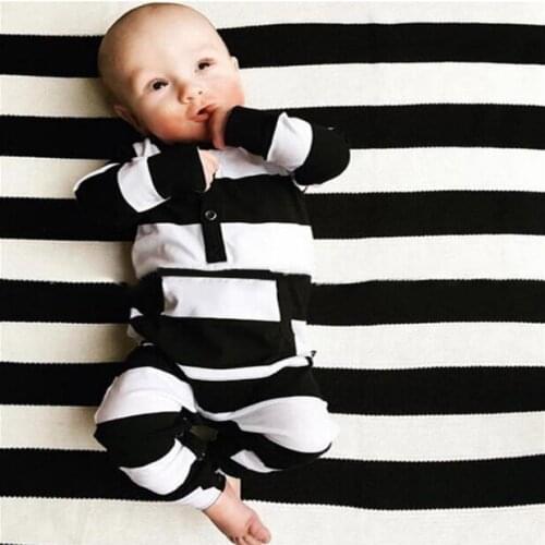 Hot Fashion Newborns Infant Baby Romper Black and White Striped Playsuits With Pocket Baby Boys Girls Toddler Clothes