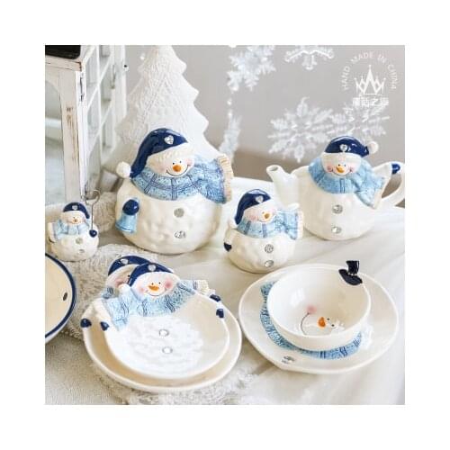 Furnishing articles of pottery and porcelain decoration of cute girl snack bowl teapot receive tank caster snowman plate tea set