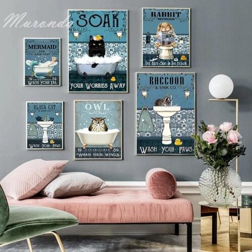 Cat Mermaid Pug Raccoon Panda Giraffe Bathtub Wall Art Print Canvas Painting Nordic Poster Wall Pictures Kids Room Toilet Decor