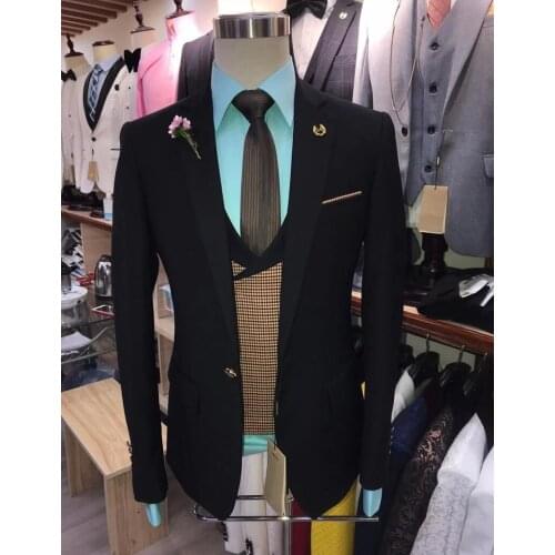 Latest Black Men Suits Groom Tuxedo Wedding Costume Homme Marriage Terno Peak Lapel Plaid Vest Masculino Slim Fit 3 Pcs Blazer