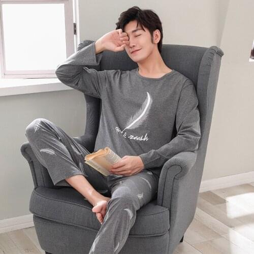Men Pajamas Two-piece Round neck Pullover pajamas Men Sleepwear Pure cotton Home Wear Keep warm High Quality Long sleeve Pajamas