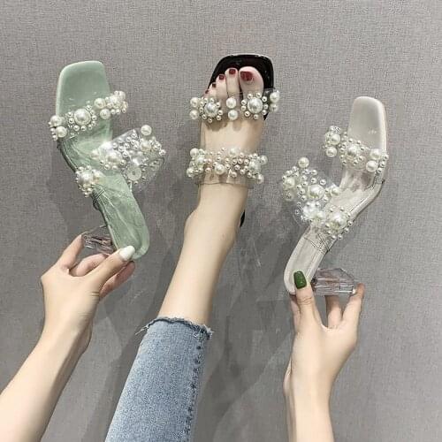 New fashion women Summer Women Pearl High Heel Slippers Transparent Outside Slippers Casuals Beach Slippersсандалии женские 2021