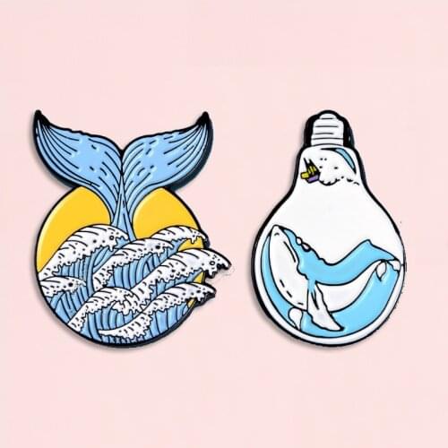 Wave Mermaid Whale Bulb Enamel Pin Ocean Life Brooch Denim Jeans shirts bags Clothes Marine Jewelry gift for Friends Jewelry