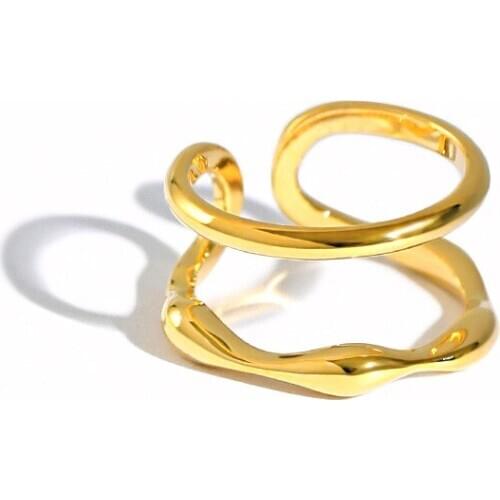 18k gold Authentic S925 Sterling Silver FINE Jewelry white/ gold Double Rows Wave Lines ring adjust TLJ1301