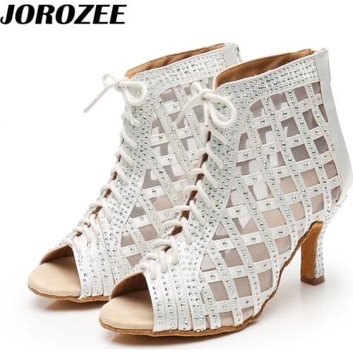 JOROZEE Latin Dance Shoes Women White Satin Rhinestones Wedding Party Salsa Ballroom Dancing Shoes High Gang Boots With Net