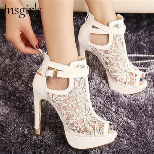 2021 Platform High Heel Sandals Mesh Peep Toe Ladies Buckle Sexy Nightclub Shoes Solid Splicing Hollow Out Female Pumps