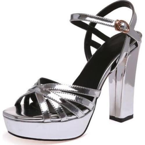 Carpaton Runway High Heel Shoes 2019 Sexy Peep Toe Platform Thick Heels Sandal Woman Ankle Strap Summer Dress Shoes Black Silver