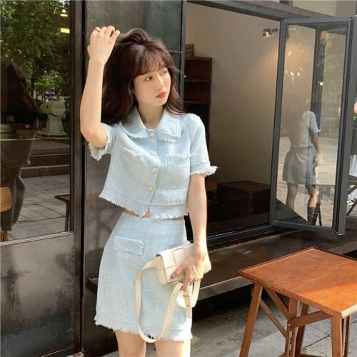 Plaid Sweet Summer Two Piece Set Women Single Breasted Tweed Shirts + Mini Pencil Skirts Set Tassel Office Lady Tracksuit C496