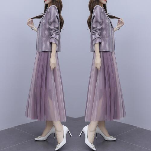 Womens suit spring and autumn new fashion slim suit jacket elastic waist mesh gown skirt suit two-piece temperament