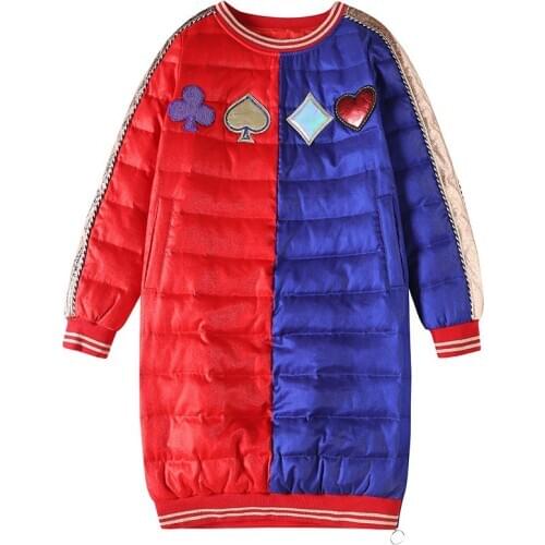 Women Mid-Length Long-Sleeved Down Jacket Autumn Winter Fashion Warm Duck Down Overcoat Stitching Printing Outwear Woman Parkas