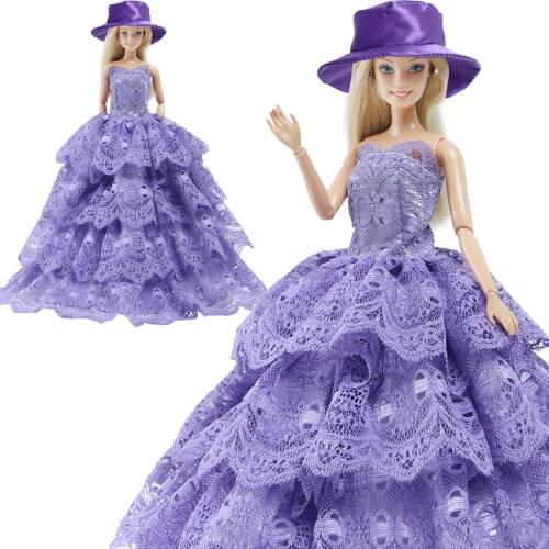 BJDBUS 1 Set Purple Doll Dress Wedding Party Lace Gown With Hat Princess Skirt Clothes for Barbie Doll Accessories Girl DIY Toys