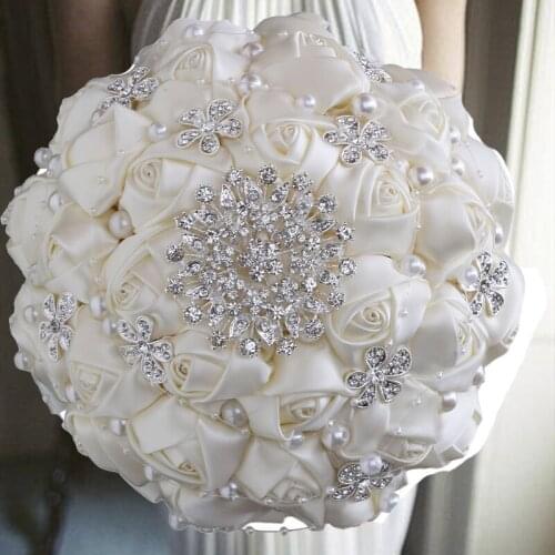 1pc/lot Cram Bridal Wedding Bouquet Artificial Ribbon Rose Wedding Bouquet