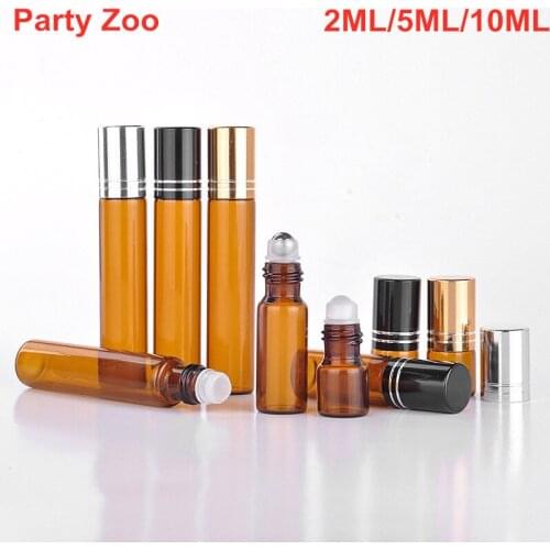 500 X 2ml/5ml/10m Amber Roll On Glass Bottle With Line Screw Lid Roller Metal Ball Portable Brown Glass Essential Oil Vials Jars