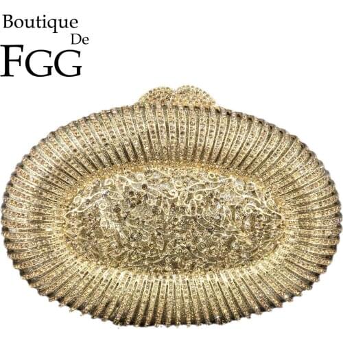 Boutique De FGG Oval Shape Women Gold Crystal Clutch Evening Bags Hollow Out Wedding Party Dinner Rhinestone Handbags and Purses