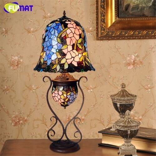 FUMAT Stained Glass Table Lamp Artistic Wisteria Glass Shade Stand Lights Living Room Store Bar Bedside Light Fixtures Lightings