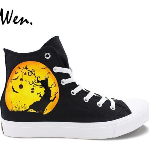 Wen High Top Black Shoes Hand Painted Halloween Pumpkin Design Women Canvas Gym Shoes Men Rope Soled Sneakers Unique Gifts