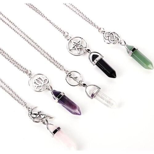 Fashion Natural Colored Crystal Pendant Pentagram Necklace Hexagonal Columns WV