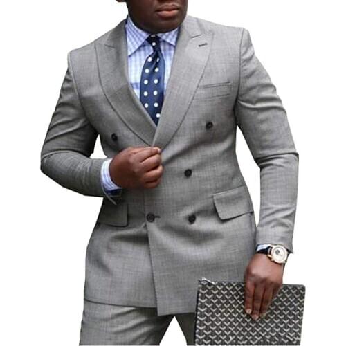 Fashionable Double Breasted Light Grey Groom Tuxedos Peak Lapel Groomsmen Men Blazers Suits (Jacket+Pants+Tie) NO:375