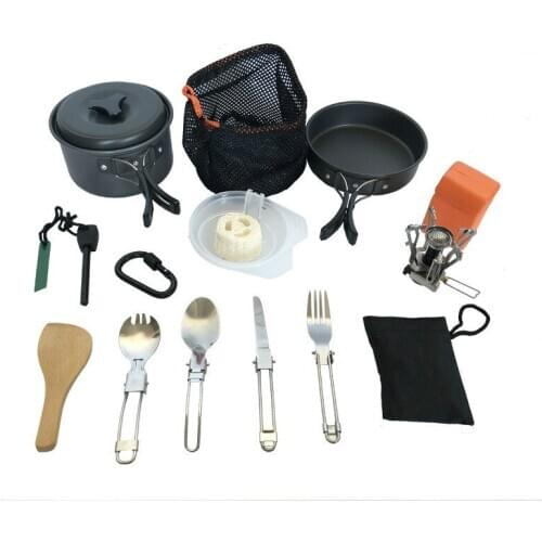 14pcs Outdoor Grill Set Frying Pot Portable Camp picnic cooking pots and pans set folding spoon kitchen cookware