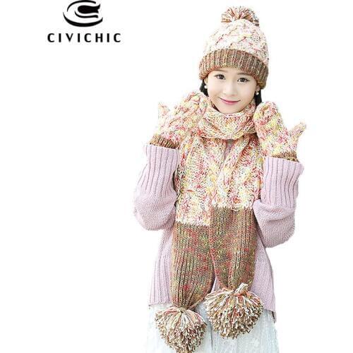 CIVICHIC Hot Fashion Woman Warm Set Knit Hat Scarf Glove 3 Piece Pompon Beanies Thick Headwear Mittens Color Mixture Shawl SH181