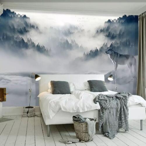 Custom Mural Wallpaper 3D Mountain Fog Forest Wolf Animal Wall Painting Photo Wallpaper For Living Room Bedroom Decor Sticker