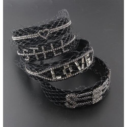 New Fashion Baroque Letters Inlaid Rhinestone Lace Mesh Headband Ladies Prom Catwalk Hair Accessories Headdress 944