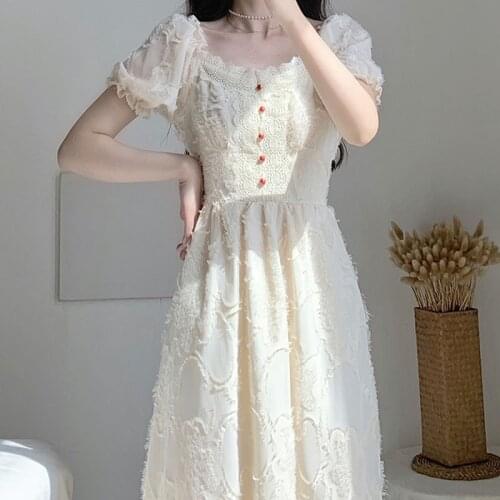 French Elegant Dress Women Button Lace Square Collar Dress Evening Party Vintage Sweet Female 2021 Summer One-piece Dress Korean